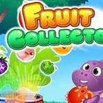 Fioletowy dinozaur trzymający owoc pod tytułem Fruit Collector na tle kolorowych owoców i drzewa