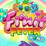 Kolorowa grafika przedstawiająca owoce z uśmiechniętymi twarzami na tle tęczy i napisów Fruit Fever World