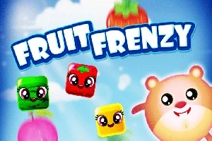 Kolorowe, uśmiechnięte kostki owocowe z oczami na tle nieba i chmur, z widoczną postacią zwierzęcia po prawej stronie