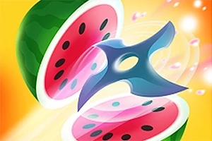 Połówki arbuza przecięte przez błyszczące niebieskie shuriken na żółtym tle