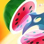 Połówki arbuza przecięte przez błyszczące niebieskie shuriken na żółtym tle