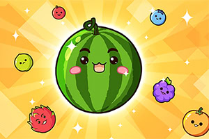Uśmiechnięty, rysunkowy arbuz otoczony kolorowymi rysunkowymi owocami na żółtym tle