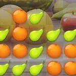 Kolorowe animowane ikony pomarańczy i gruszek na tle prawdziwych owoców, takich jak jabłka, cytryny i arbuz