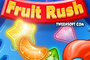 Kolorowa grafika z owocami, gwiazdkami i napisem Fruit Rush na niebieskim tle