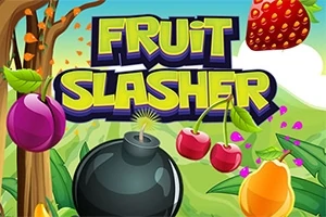 Napis Fruit Slasher na tle z owocami, bombą i kolorowym krajobrazem