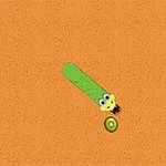 Zielony wąż w kreskówkowym stylu zbliża się do owocu kiwi na pomarańczowym tle