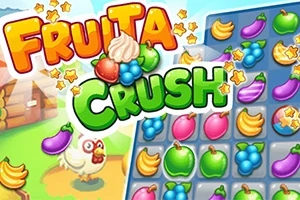 Kolorowa grafika z napisem Fruita Crush, przedstawiająca kurę i planszę z różnymi kolorowymi owocami, takimi jak banany, winogrona i jabłka