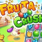 Kolorowa grafika z napisem Fruita Crush, przedstawiająca kurę i planszę z różnymi kolorowymi owocami, takimi jak banany, winogrona i jabłka