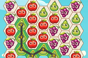 Kolorowe heksagonalne pola z uśmiechniętymi owocami, takimi jak jabłka, gruszki i winogrona, połączone linią