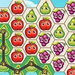 Kolorowe heksagonalne pola z uśmiechniętymi owocami, takimi jak jabłka, gruszki i winogrona, połączone linią