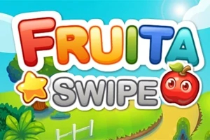 Kolorowy napis „FRUITA SWIPE” na tle krajobrazu z zielonymi drzewami i ścieżką