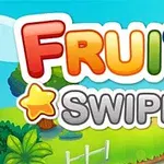 Kolorowy napis „FRUITA SWIPE” na tle krajobrazu z zielonymi drzewami i ścieżką