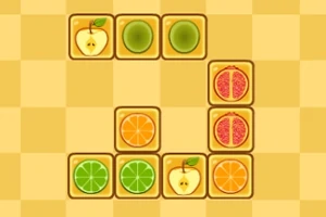 Kwadratowe kafelki z grafikami owoców na szachownicy: jabłka, kiwi, pomarańcze, grejpfruty i limonki