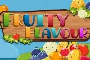 Kolorowy napis „FRUITY FLAVOUR” na tle drewnianej tablicy z uśmiechniętymi owocami wokół