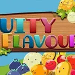 Kolorowy napis „FRUITY FLAVOUR” na tle drewnianej tablicy z uśmiechniętymi owocami wokół