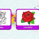 Czarno-biały rysunek róży obok kolorowej ilustracji róży na tle z plamami farb