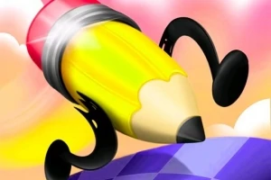 Rysunek przedstawiający dużą żółtą ołówkową postać z kreskówkowymi nogami na tle różowo-pomarańczowego nieba i fioletowego podłoża