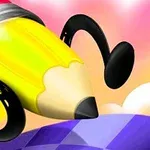 Rysunek przedstawiający dużą żółtą ołówkową postać z kreskówkowymi nogami na tle różowo-pomarańczowego nieba i fioletowego podłoża