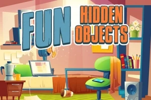 Kolorowy pokój z różnymi przedmiotami, takimi jak laptop, krzesło, książki, szuflady i plakaty na ścianach, z dużym kolorowym napisem Fun Hidden Objects