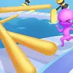 Fioletowa postać biegnie po zakrzywionej ścieżce, unikając żółtych przeszkód nad niebieską wodą