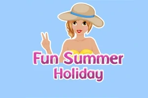 Kobieta w kapeluszu trzymająca znak pokoju, na niebieskim tle z napisem Fun Summer Holiday