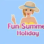 Kobieta w kapeluszu trzymająca znak pokoju, na niebieskim tle z napisem Fun Summer Holiday