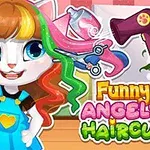Postać kreskówkowego kota z kolorowymi włosami w salonie fryzjerskim, z suszarką i nożyczkami w tle, oraz napisem Funny Angela Haircut