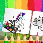 Kolorowe kredki, farby i pędzel, zebra i nosorożec w szkicowniku z motywem lasu w tle