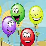 Pięć kolorowych balonów z uśmiechniętymi twarzami na tle plaży z palmami i oceanem
