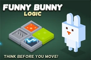 Grafika przedstawia pikselowego królika obok trójwymiarowych płytek z różnymi teksturami i napisami FUNNY BUNNY LOGIC oraz THINK BEFORE YOU MOVE