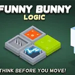 Grafika przedstawia pikselowego królika obok trójwymiarowych płytek z różnymi teksturami i napisami FUNNY BUNNY LOGIC oraz THINK BEFORE YOU MOVE