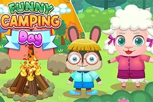 Dwóch uroczych kreskówkowych bohaterów, królik w okularach i owieczka, stoją w lesie obok ogniska z widocznym kolorowym napisem Funny Camping Day