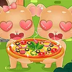 Dwa urocze zwierzaki z sercami zamiast oczu trzymają pizzę na tle zielonego krajobrazu i pieca