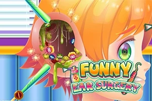 Postać z kolorowymi włosami i powiększonym, zaniedbanym uchem w trakcie zabiegu, z kolorowymi narzędziami i napisami Funny Ear Surgery na pierwszym planie