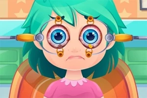 Postać z zielonymi włosami w różowej bluzce siedzi na krześle z przyrządem okulistycznym na oczach