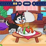 Szczeniak i kotek stoją przy stole z talerzem pełnym jedzenia w przytulnym pokoju z roślinami, kanapą i poduszkami