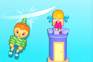 Postać związana sznurem wisi obok wieży, na której stoi płacząca dziewczynka