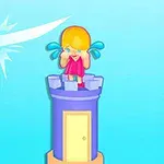 Postać związana sznurem wisi obok wieży, na której stoi płacząca dziewczynka