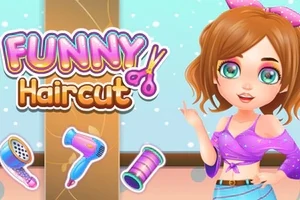 Dziewczyna z brązowymi włosami i dużymi niebieskimi oczami w jasno fioletowym ubraniu stoi obok napisu Funny Haircut oraz ikon suszarki i akcesoriów fryzjerskich