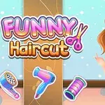 Dziewczyna z brązowymi włosami i dużymi niebieskimi oczami w jasno fioletowym ubraniu stoi obok napisu Funny Haircut oraz ikon suszarki i akcesoriów fryzjerskich