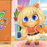 Kotka ubrana w sukienkę z dużymi niebieskimi oczami stoi obok szafy, na której widnieje kolorowy napis