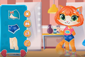 Interaktywna postać kotka z czerwonymi włosami stoi przed wyborem strojów w kolorowym pokoju