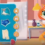 Interaktywna postać kotka z czerwonymi włosami stoi przed wyborem strojów w kolorowym pokoju