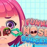 Postać z różowymi włosami zniekształcona przez narzędzia w nosie, obok kolorowy napis Funny Nose Surgery