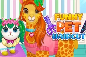 Giraffa w różowym swetrze z ozdobnym naszyjnikiem i zieloną kokardą obok białego kota z zielono-różową fryzurą oraz kolorowym napisem Funny Pet Haircut na tle w pastelowych paskach