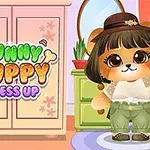 Słodki szczeniak ubrany w kapelusz i zielone spodnie stoi w pokoju obok szafy i lustra