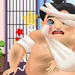 Postać kreskówkowa z bandażami na głowie i ramieniu, wygląda na zaskoczoną, w tle kolorowe gwiazdki i rośliny