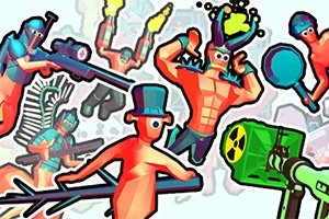 Kolorowa, komiksowa ilustracja armii postaci w zabawnych strojach z bronią, włącznie z postacią z muszką i melonikiem oraz postacią z rogami i bronią laserową