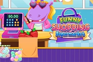 Hipopotam w okularach serduszkach obsługujący kasę w supermarkecie