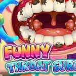 Usta z otwartą jamą ustną pełną zepsutych zębów i zaczerwienionym gardłem, kolorowy napis Funny Throat Surgery na dole
